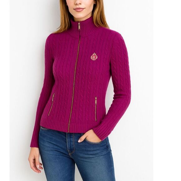 Lauren Ralph Lauren Mulberry Purple Full Zip Cotton Cable Cardigan Sweater Sz XL - Picture 1 of 13